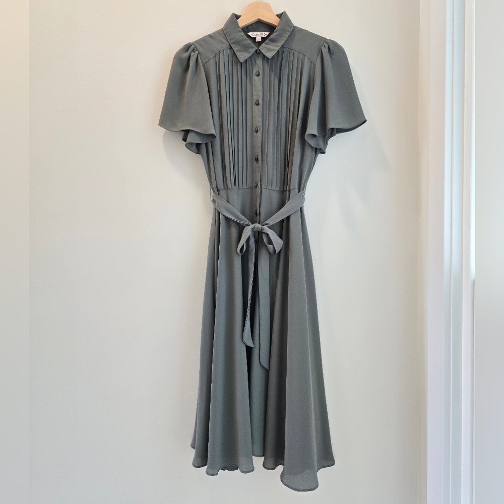Pleated Collared Midi Dress in Sage Green